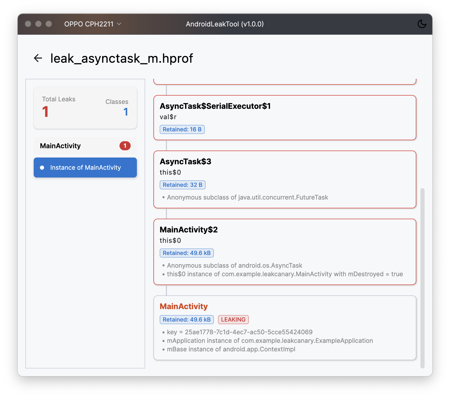 Android Memory Leak Detection Results and Reference Chain Visualization